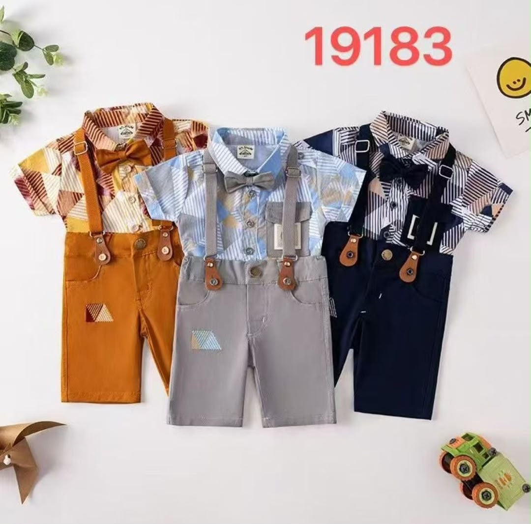 Boys 3-Piece Formal Suspender Set — Shirt, Shorts & Bow Tie | 4 Styles | Wholesale (MOQ 50)