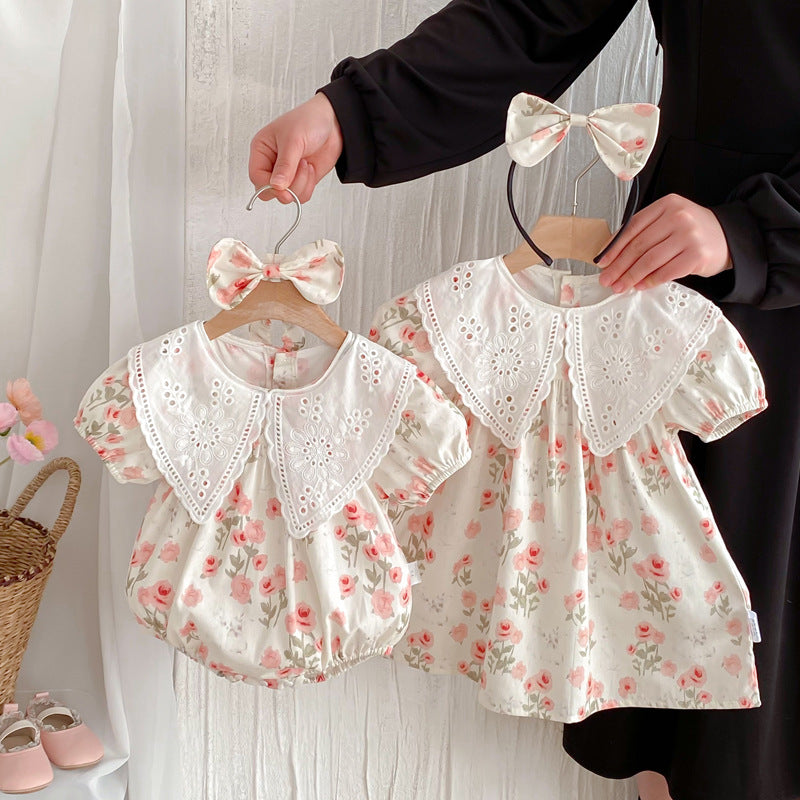 Cute Short Sleeve Dress for Baby Girls Summer Outfit Baby Romper Onesie Sister Matching Set