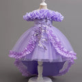 Wholesale Girls Luxury Off-Shoulder High-Low Princess Dress with Floral Embroidery – MOQ 50 Mixed Colors – 10 Pieces Per Color – $10 Each