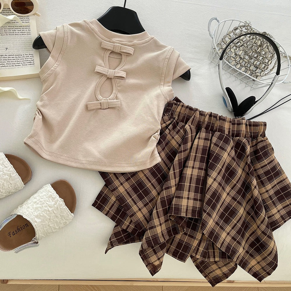 Girls Summer Short Sleeve Embroidered T-Shirt Set, Lightweight Plaid Bow Irregular Skirt Two-Piece Outfit