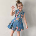 Girls' Sleeveless Denim Dress — Floral Print High-Waist Backless Style