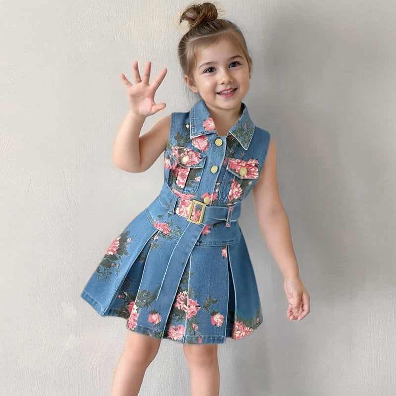 Girls' Sleeveless Denim Dress — Floral Print High-Waist Backless Style