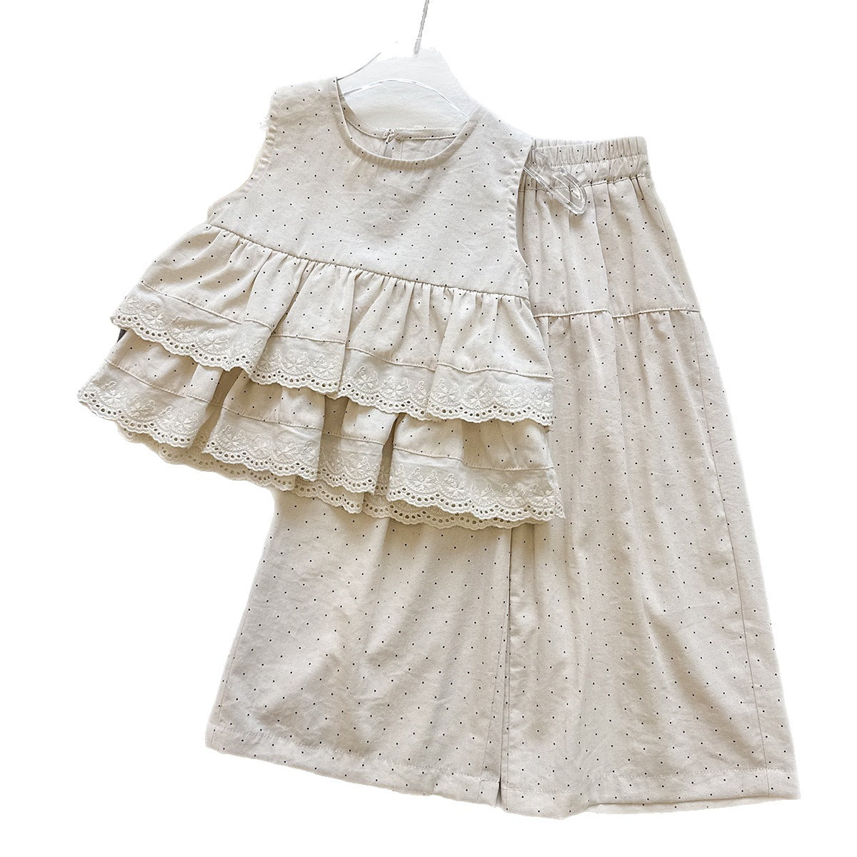Girls' Summer Polka Dot Outfit Set, Sleeveless Top with Wide Leg PantsTwo-Piece Set, Chic Children's Summer Wear