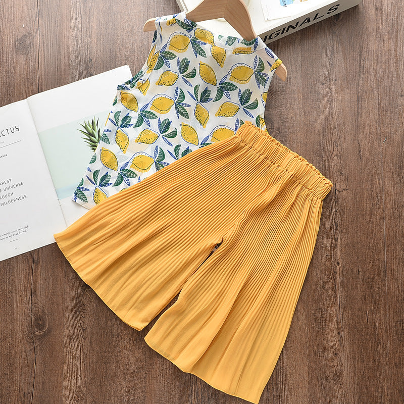 Girls' Lightweight Chiffon Bow Blouse & Wide-Leg Pants Set — Korean Style