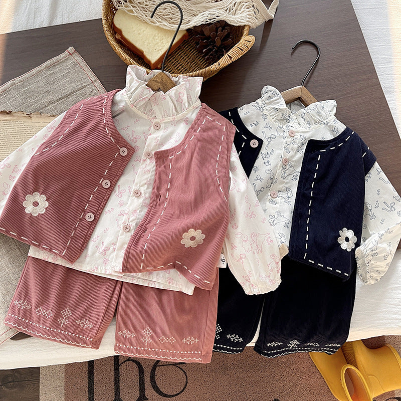 Baby girl autumn baby girl corduroy vest long sleeved three piece set