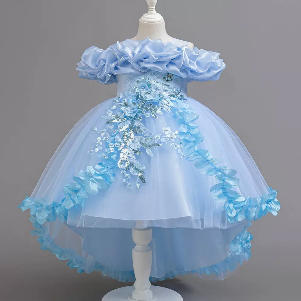 Wholesale Girls Luxury Off-Shoulder High-Low Princess Dress with Floral Embroidery – MOQ 50 Mixed Colors – 10 Pieces Per Color – $10 Each