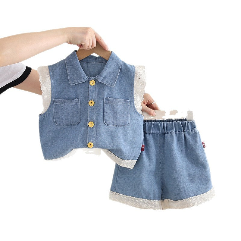 Baby Girl Denim 2-Piece Set – Lace Sleeve Vest & Shorts