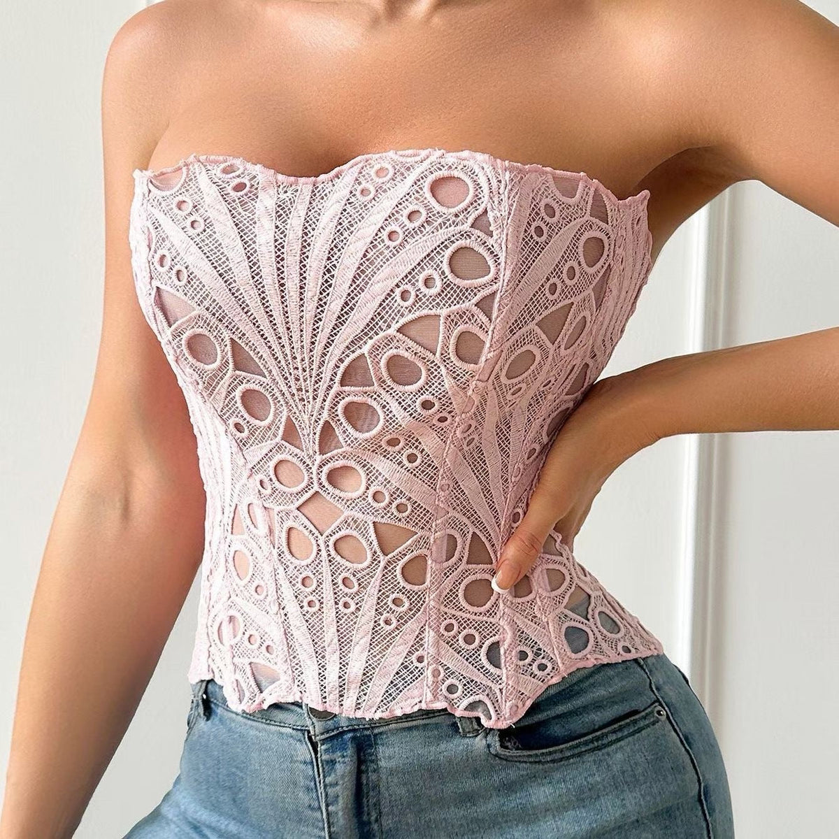 Women's lace cutout sweetheart corset top in mint green