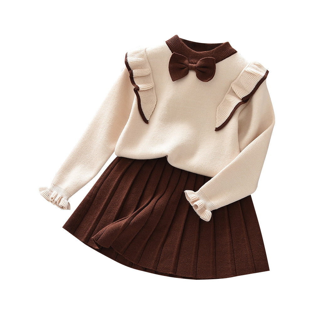 Girls' Charming Knitted Sweater & Pleated Skirt Princess Two-Piece Set