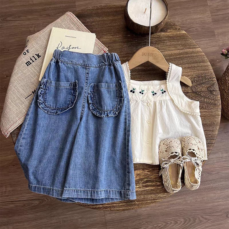 Girls' Cherry Embroidery Tank Top and Denim Wide-Leg Pants Two-Piece Set Fashion Baby Outfit Summer