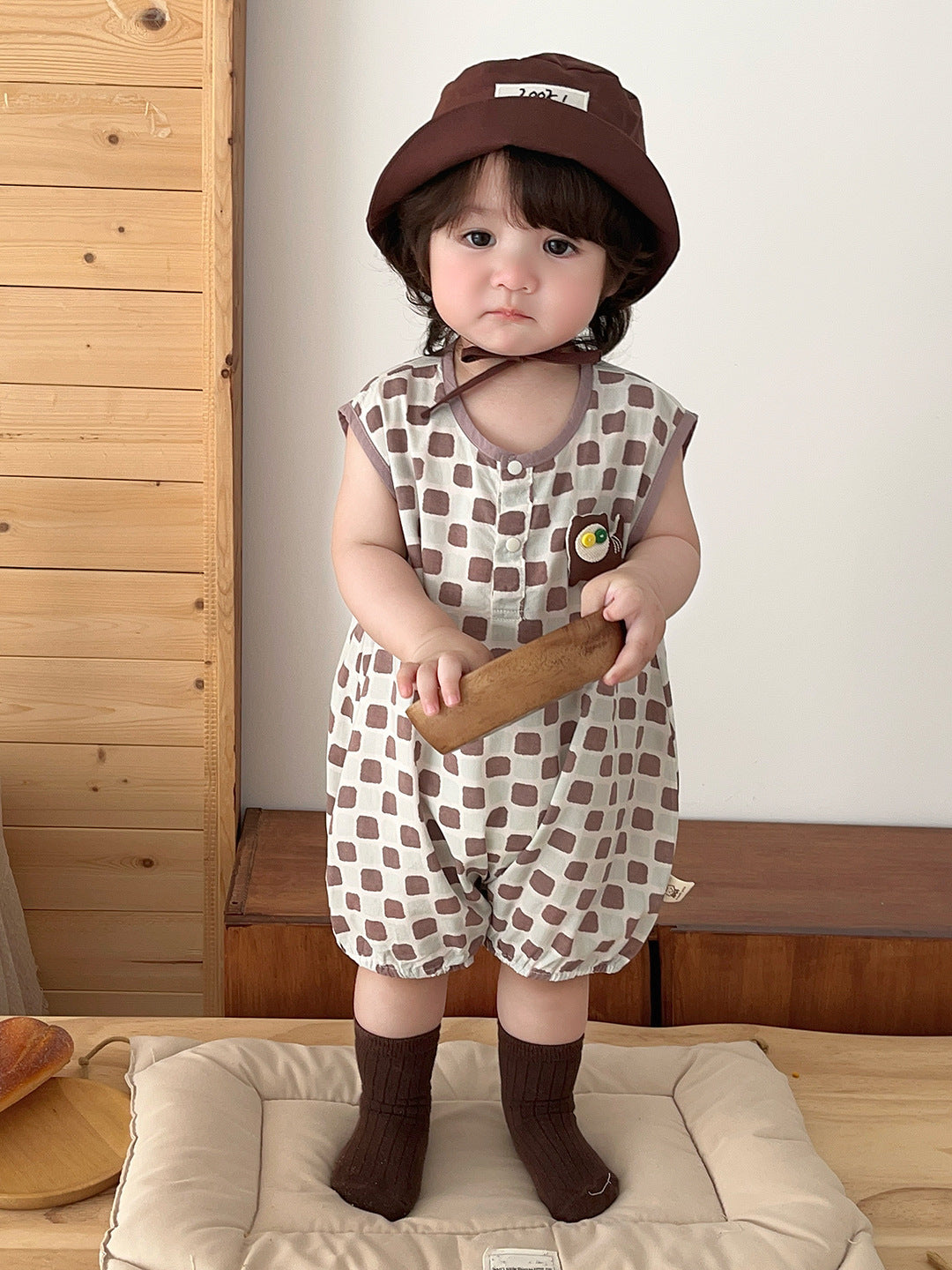 Baby Romper for Boys Lightweight Short Sleeve All-Over Printed Checkered Cartoon Baby Onesie