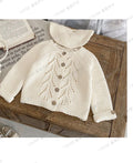Girls cream openwork leaf knit cardigan with matching beret hat
