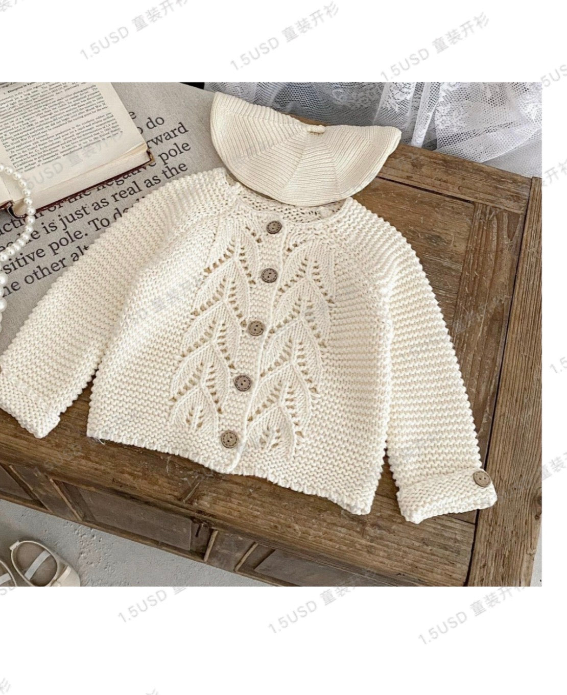 Girls cream openwork leaf knit cardigan with matching beret hat