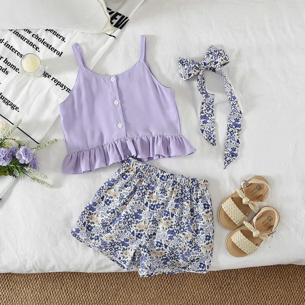 Girls' Yellow Strap Top & Floral Shorts Two-Piece Summer Set