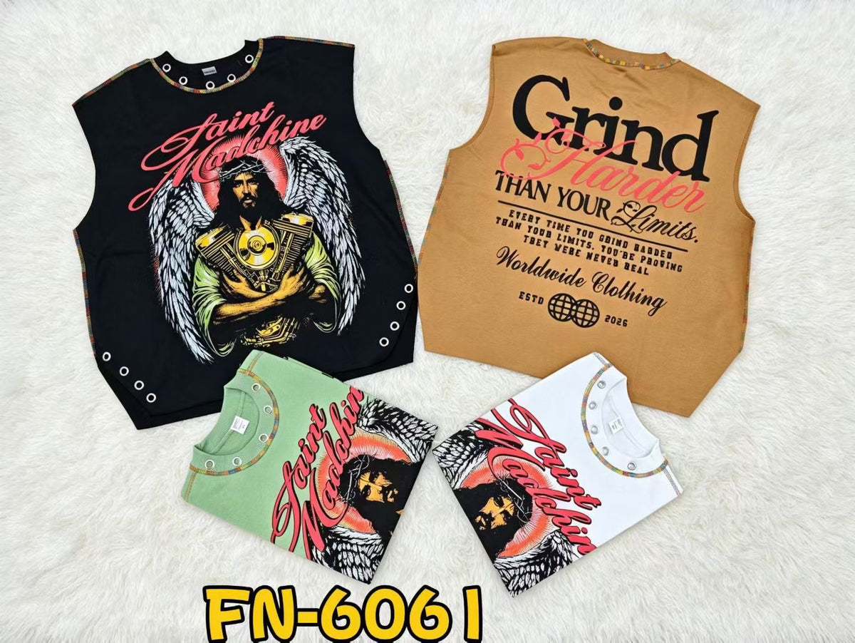 Graphic Sleeveless Tee $6.50/pc – FN-6058 / FN-6059 / FN-6060 / FN-6061 / FN-6062 (Pack of 10 | MOQ 20 Bags)