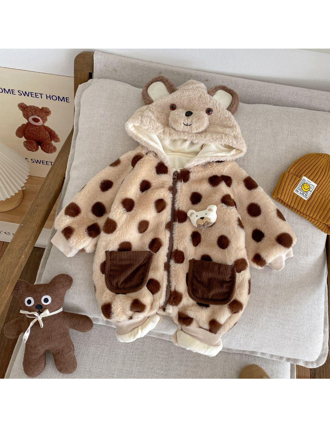 Baby Bear Hooded Plush Fleece Romper – Polka Dot Winter Jumpsuit | $8 Each | MOQ 12