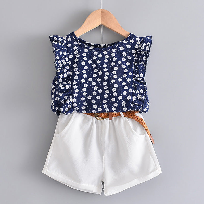 Girls' Fresh Floral Sleeveless T-Shirt & Shorts Spring Summer Set