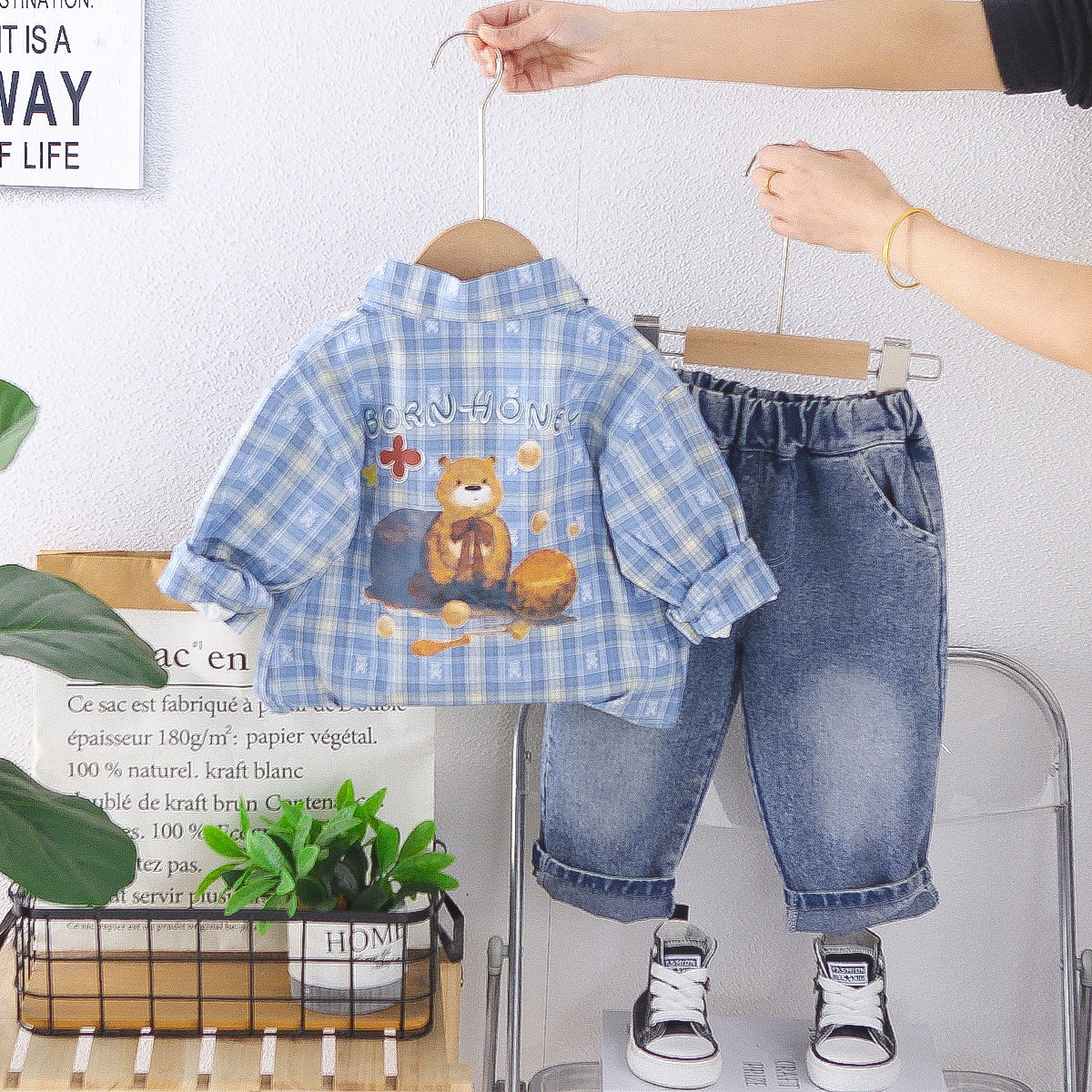 Baby plaid shirt long sleeved three piece set baby clothes
