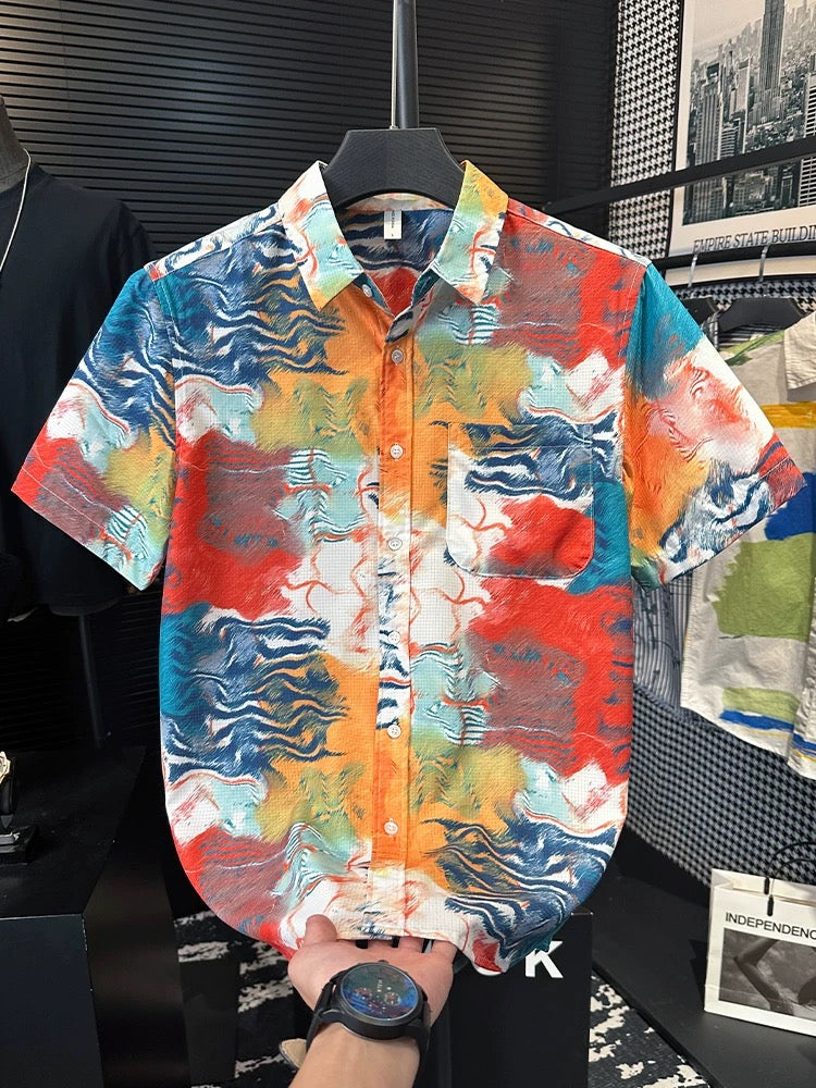 Men’s Abstract Print Short Sleeve Button-Up Shirt – $6 Each | MOQ 12