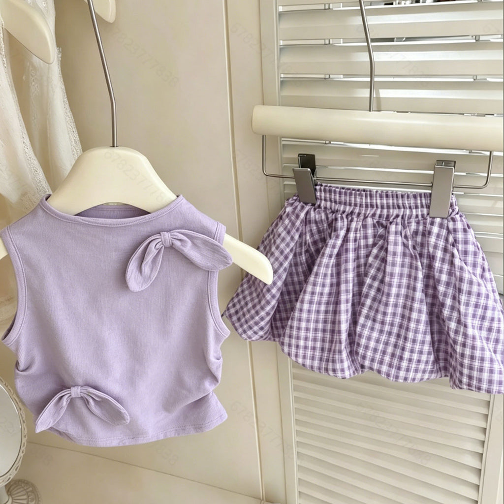 Girls' Sleeveless Bow Vest & Plaid Bubble Skirt Set — Korean Style Kids Outfit