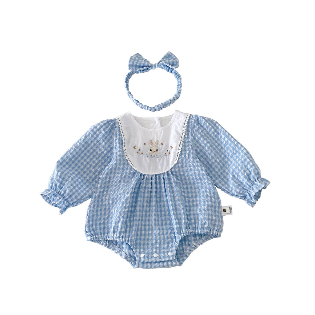 Baby Clothes Spring New Sweet Plaid Romper Stylish Baby Onesie Outing Crawler + Headband