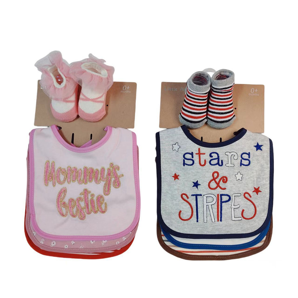 Baby Bib & Matching Socks 2-Piece Gift Set – Assorted Animal Designs | $6.50 Per Pack | MOQ 24 Packs