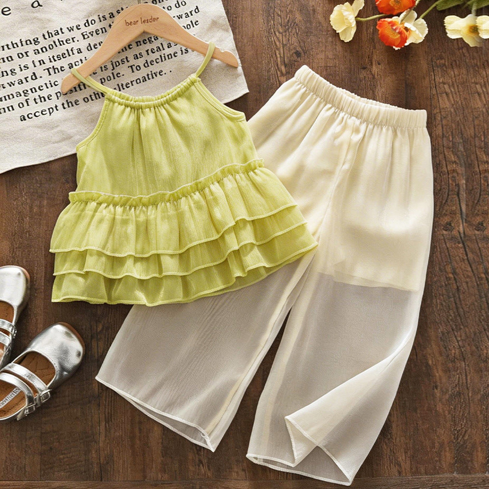 Chic Summer Outfit for Baby Girls, Simple and Fashionable Two-Piece Set with Ruffle Strap Top and Wide Leg Pants