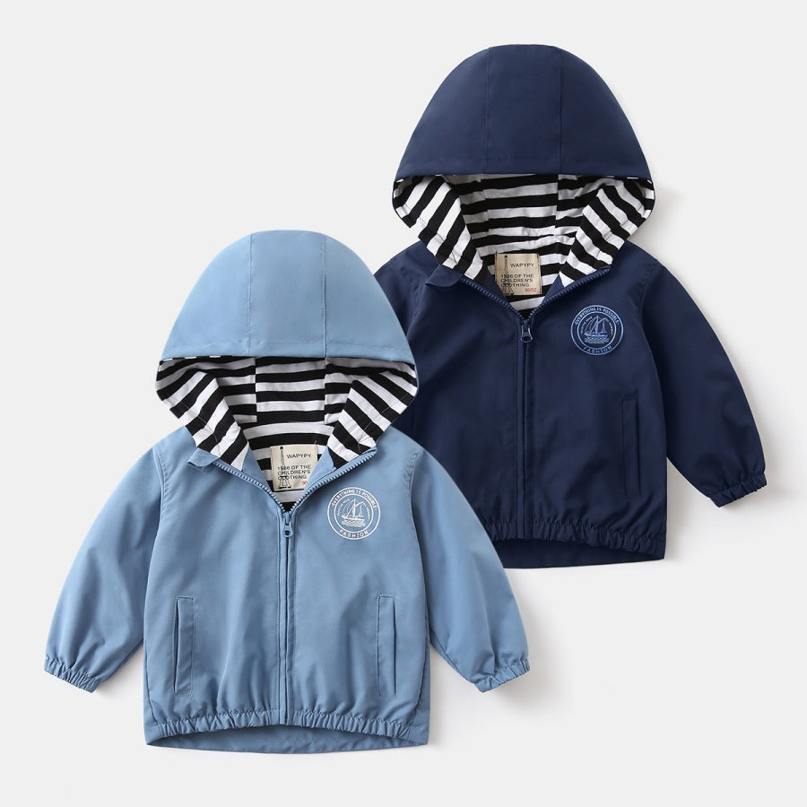 Kids Korean Style Letter Print Hooded Jacket — V-Neck Zip-Up Outerwear (Sizes 90-130cm)