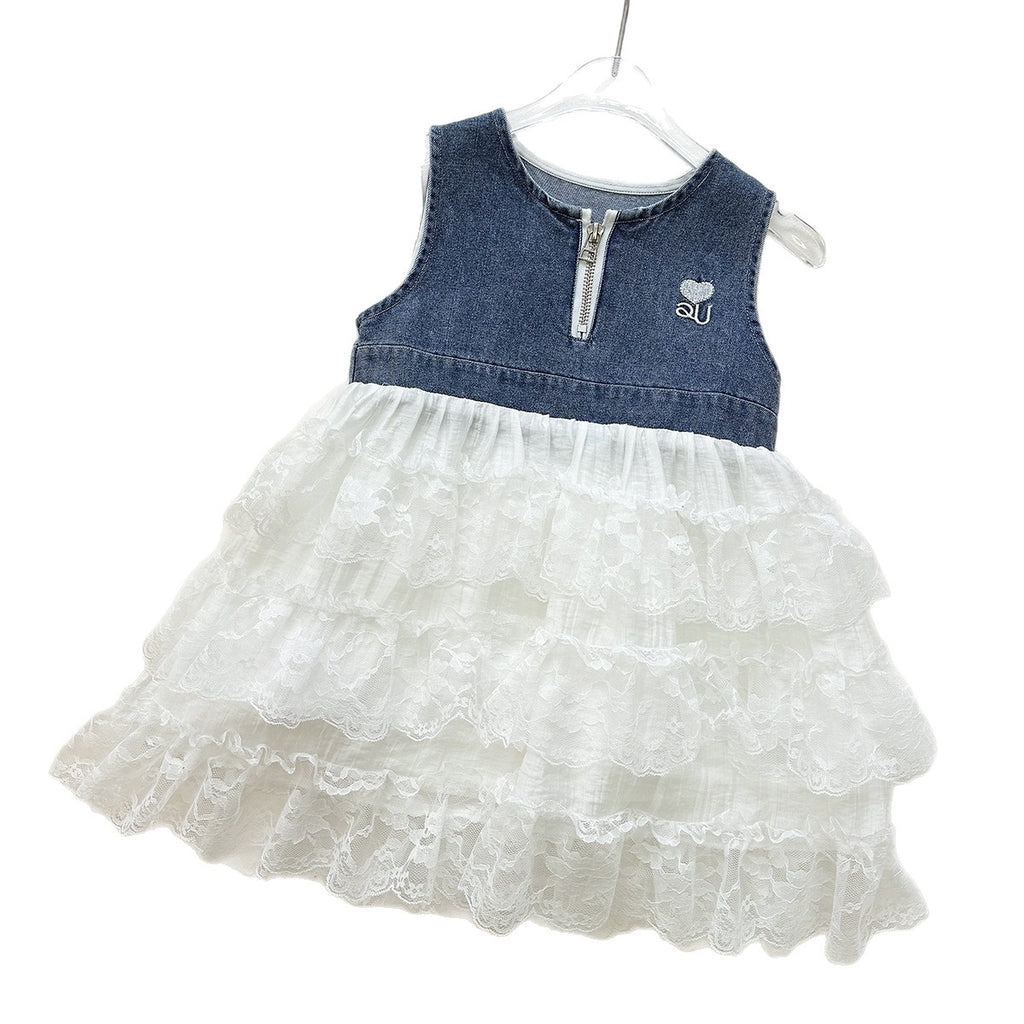 Cotton Blend Lace Sleeveless Dress for Girls, Summer Fashion Style, Princess Cake Skirt with Denim Patchwork Design