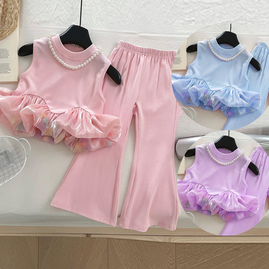 Cute Girls' Sleeveless Patchwork Tank Top Set Fashion Stretch Flared Pants Two-Piece Outfit