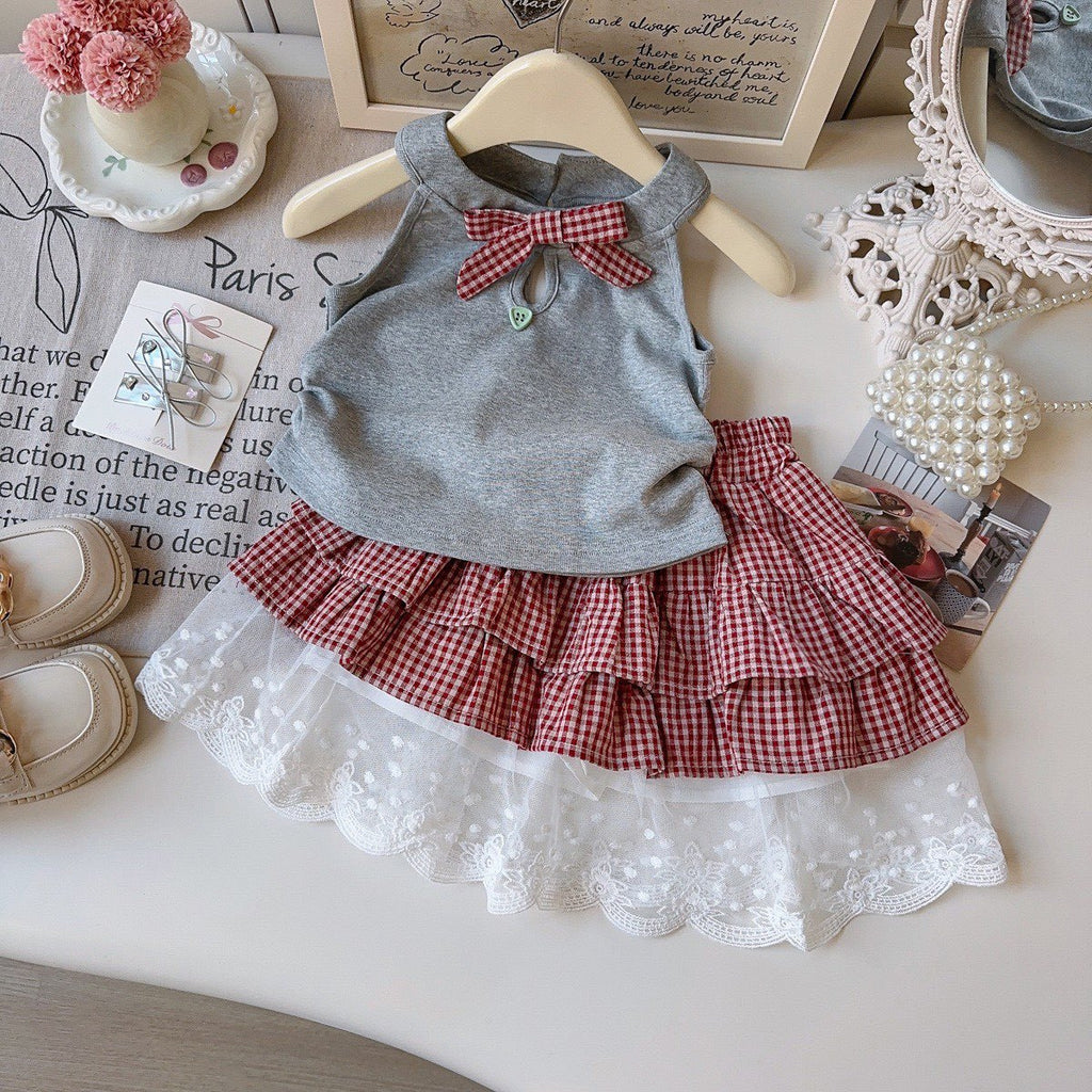 Girls Korean Style Bow Top & Checkered Layered Skirt Set — 2-Piece Summer Outfit