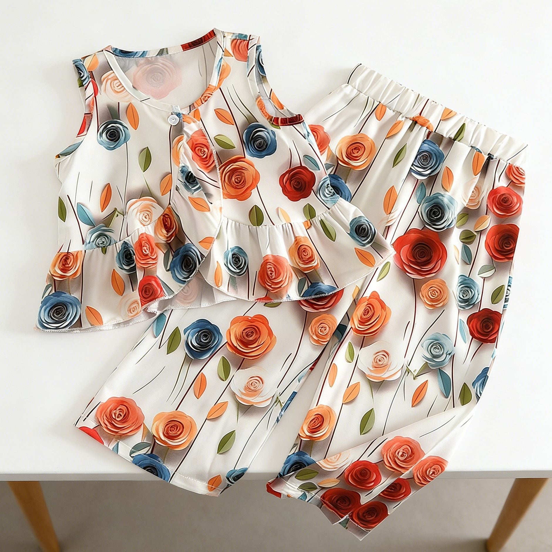 Girls' 3D Flower Sleeveless Top & Wide-Leg Pants Princess Style Set