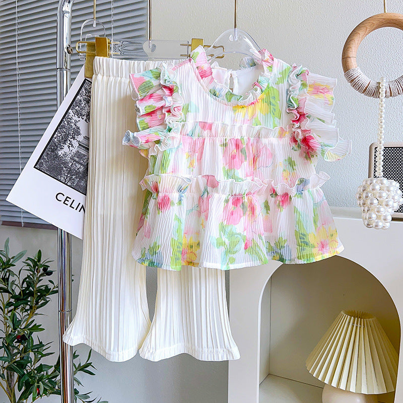 Girls' Korean Style Floral Sleeveless Top & Long Pants Set — Apricot