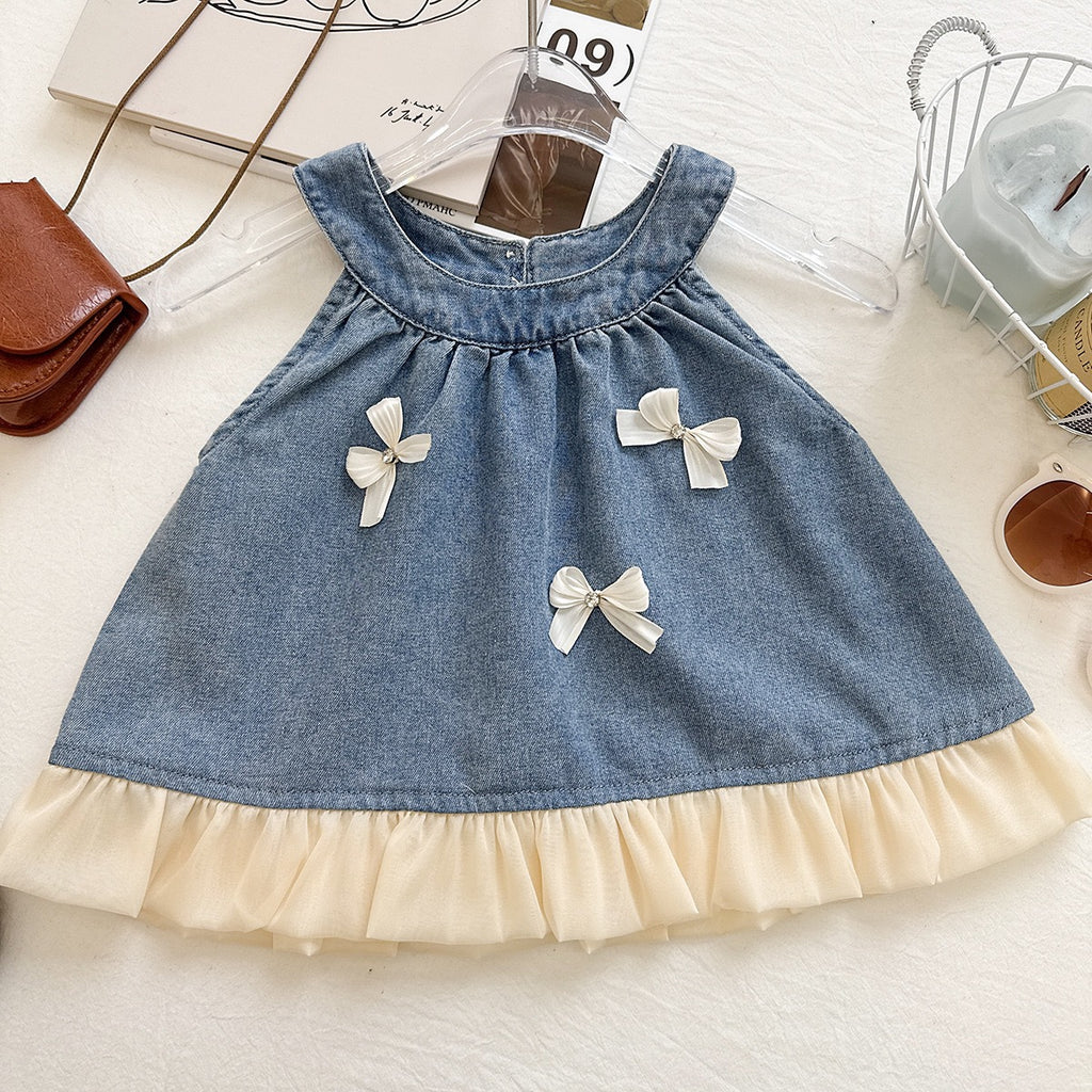 Cute Butterfly Knot Sleeveless Top and Wide Leg Pants Two-Piece Set for Girls, Fashionable Denim Outfit