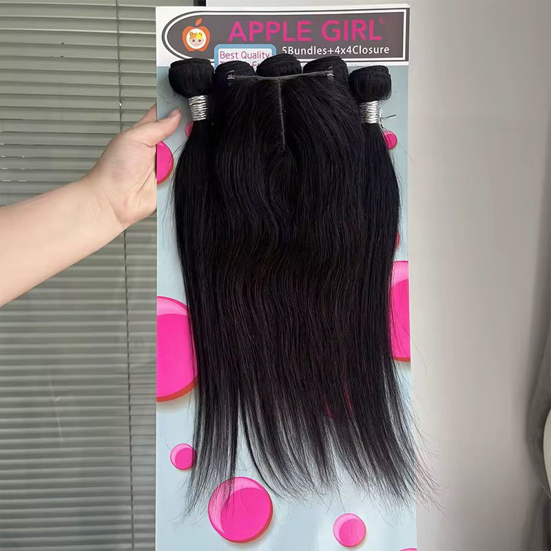 Apple Girl Straight Hair – 5 Bundles + 4x4 Closure. MOQ 6 pack . 10”-26” . Weights 170g-220g