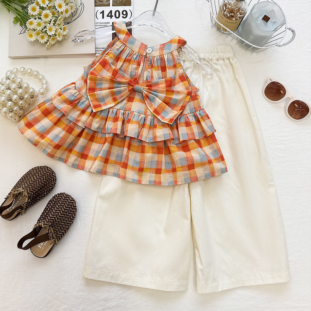 Girls' Set Summer Striped Sleeveless Top and Wide-Leg Pants Children's Vacation Style Two-Piece Set