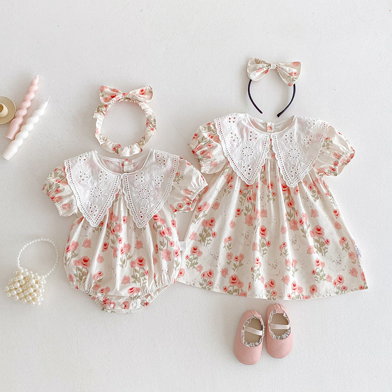 Cute Short Sleeve Dress for Baby Girls Summer Outfit Baby Romper Onesie Sister Matching Set