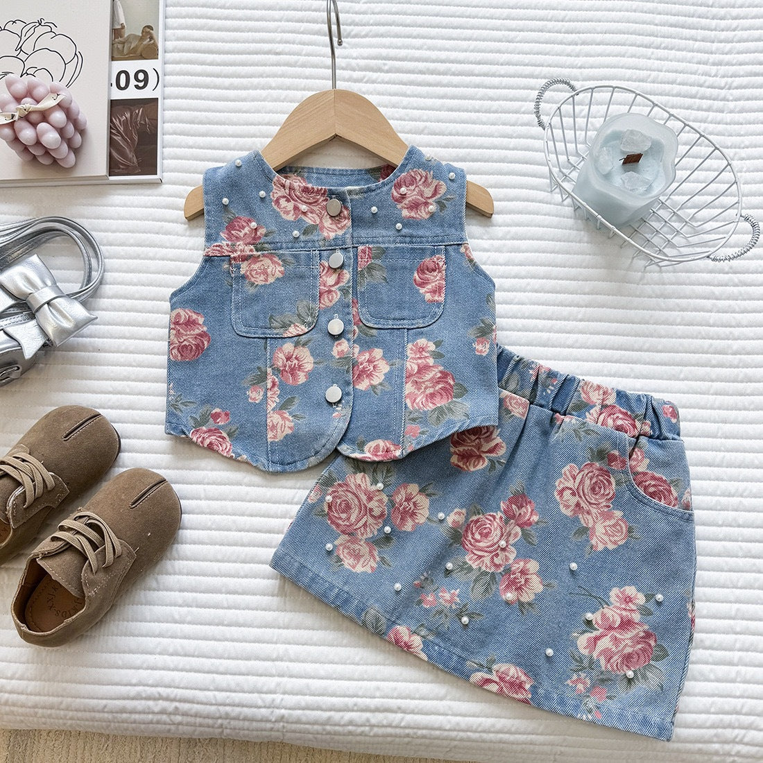 Casual Printed Sleeveless Beaded Denim A-line Skirt Two-Piece Set for Girls