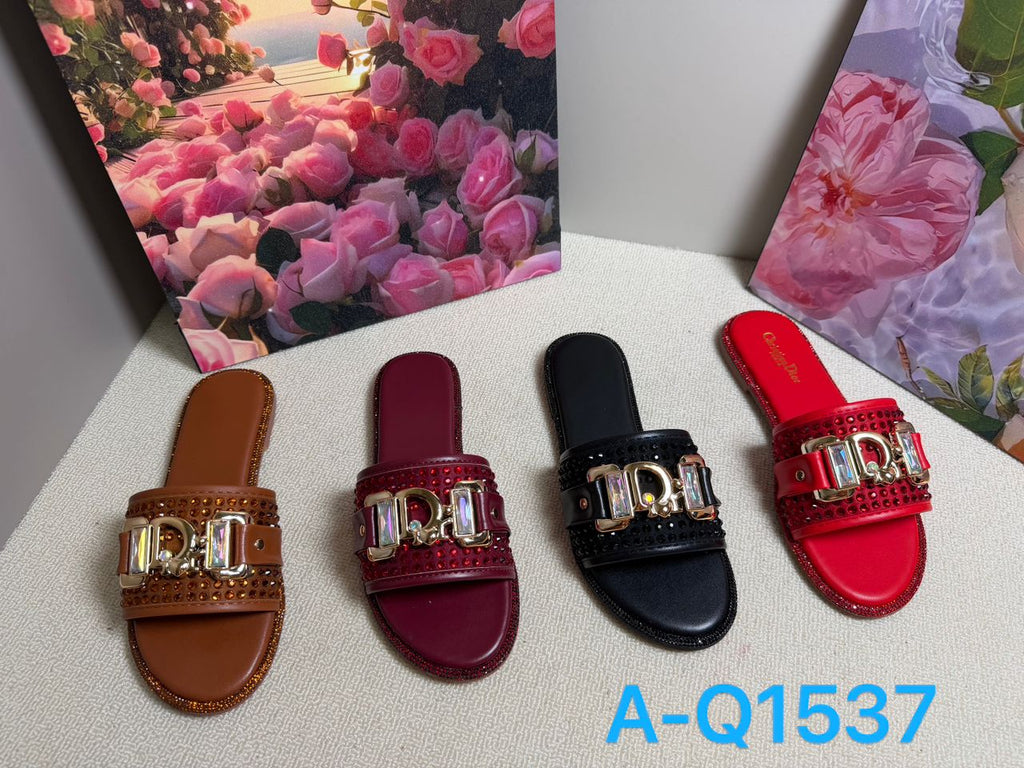 Women's Crystal Studded Logo Flat Slide Sandals Mix A-Q1537 – $15.00/unit | MOQ 24