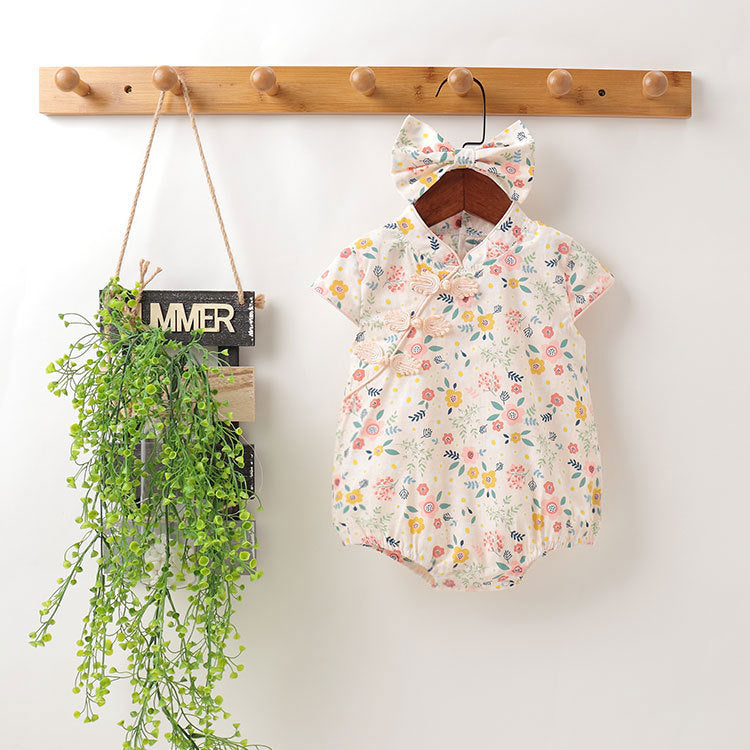Cotton Sleeveless Floral Baby Girl Romper with Headband