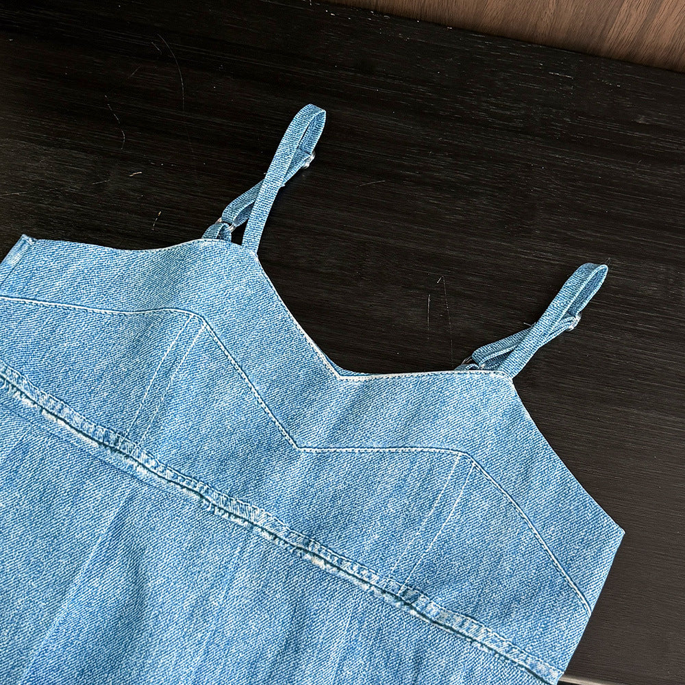 Girls' Blue Sleeveless Top & Pants Korean Style Two-Piece Set