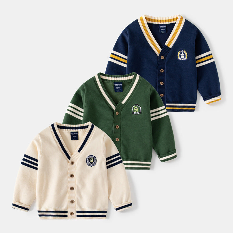 Boys' knitted cardigan with baby V-neck embroidery