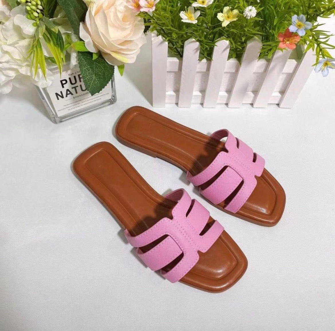 Red H-Strap Flat Slide Sandals