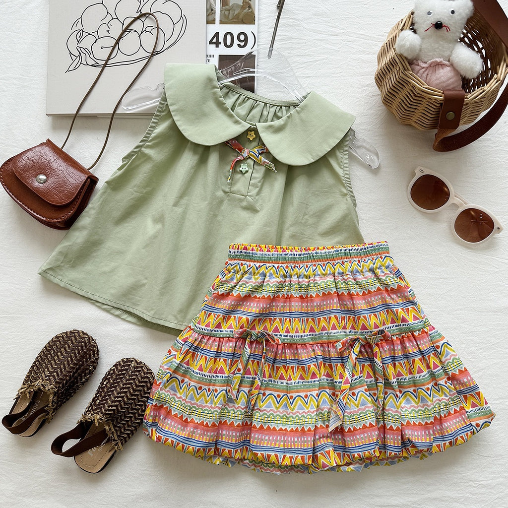 Summer New Girls' Outfit SetPeter Pan Collar Sleeveless Top with Vintage Print Shorts Two-Piece Fashion Set