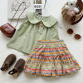 Summer New Girls' Outfit SetPeter Pan Collar Sleeveless Top with Vintage Print Shorts Two-Piece Fashion Set