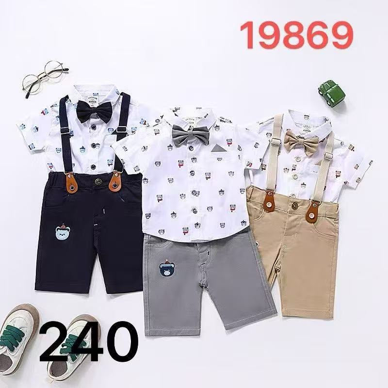 Boys 3-Piece Formal Suspender Set — Shirt, Shorts & Bow Tie | 4 Styles | Wholesale (MOQ 50)