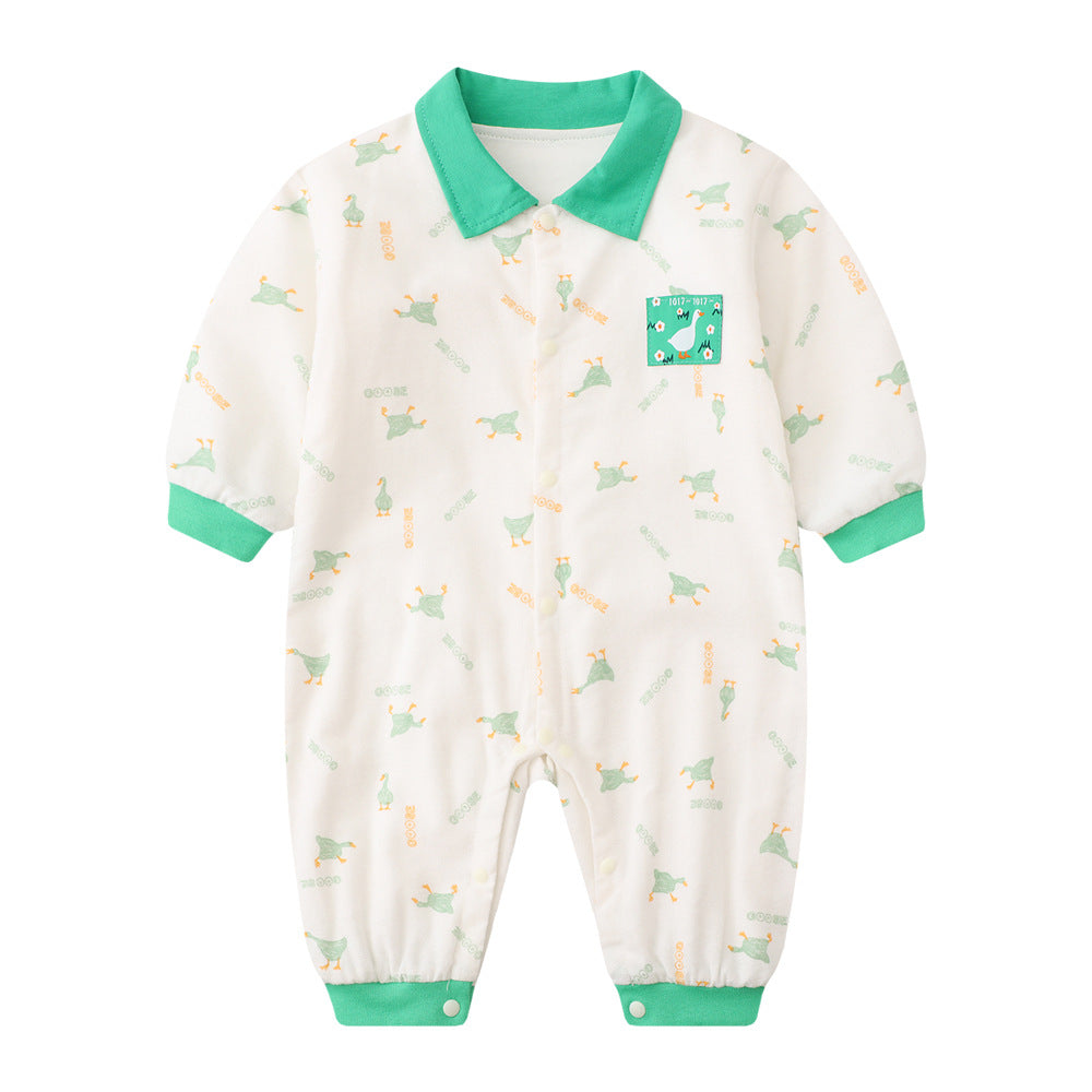 Spring and Autumn  Thin Cotton Baby Onesie, Cartoon Cute Goose Long Sleeve Baby Turn-down Collar Casual Baby Romper