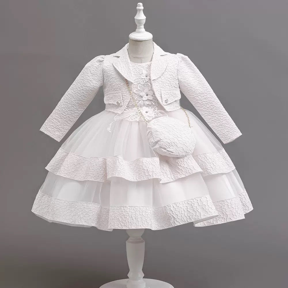 Wholesale Girls Elegant Princess Dress Set with Matching Jacket & Purse – MOQ 50 Mixed Colors – 10 Pieces Per Color – $8 Each