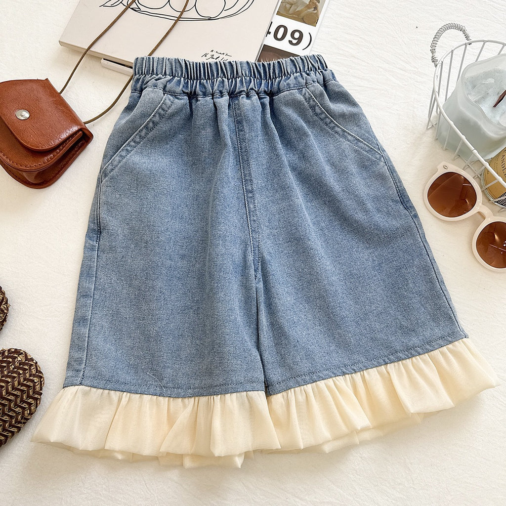 Cute Butterfly Knot Sleeveless Top and Wide Leg Pants Two-Piece Set for Girls, Fashionable Denim Outfit