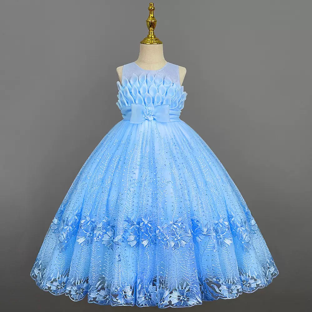 Wholesale Girls Luxury Princess Ball Gown with Floral Lace & Bow Detail – MOQ 50 Mixed Colors – 10 Pieces Per Color – $9Each